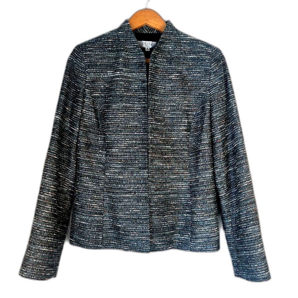 Kasper Separates Green Metallic Tweed Open Front Blazer‎ Office Core Size 6